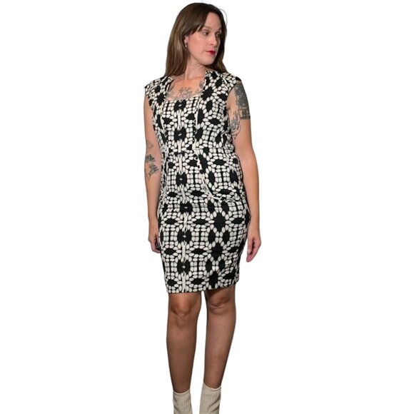 Lela Rose Black and White Print Sheath Midi Dress Square Neck Cap Sleeves Size 2 - Picture 8 of 15